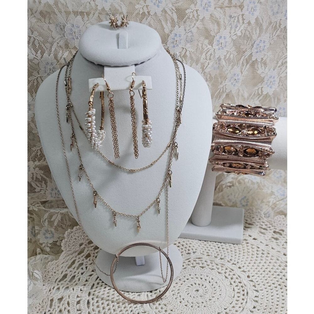 Rose Gold Jewelry Set Necklace x2, 3 Pairs Earrings, Cuff Bracelet